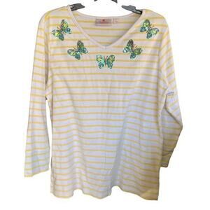 QUAKER FACTORY striped 3/4 sleeve jersey knit butterfly bling v neck sz L